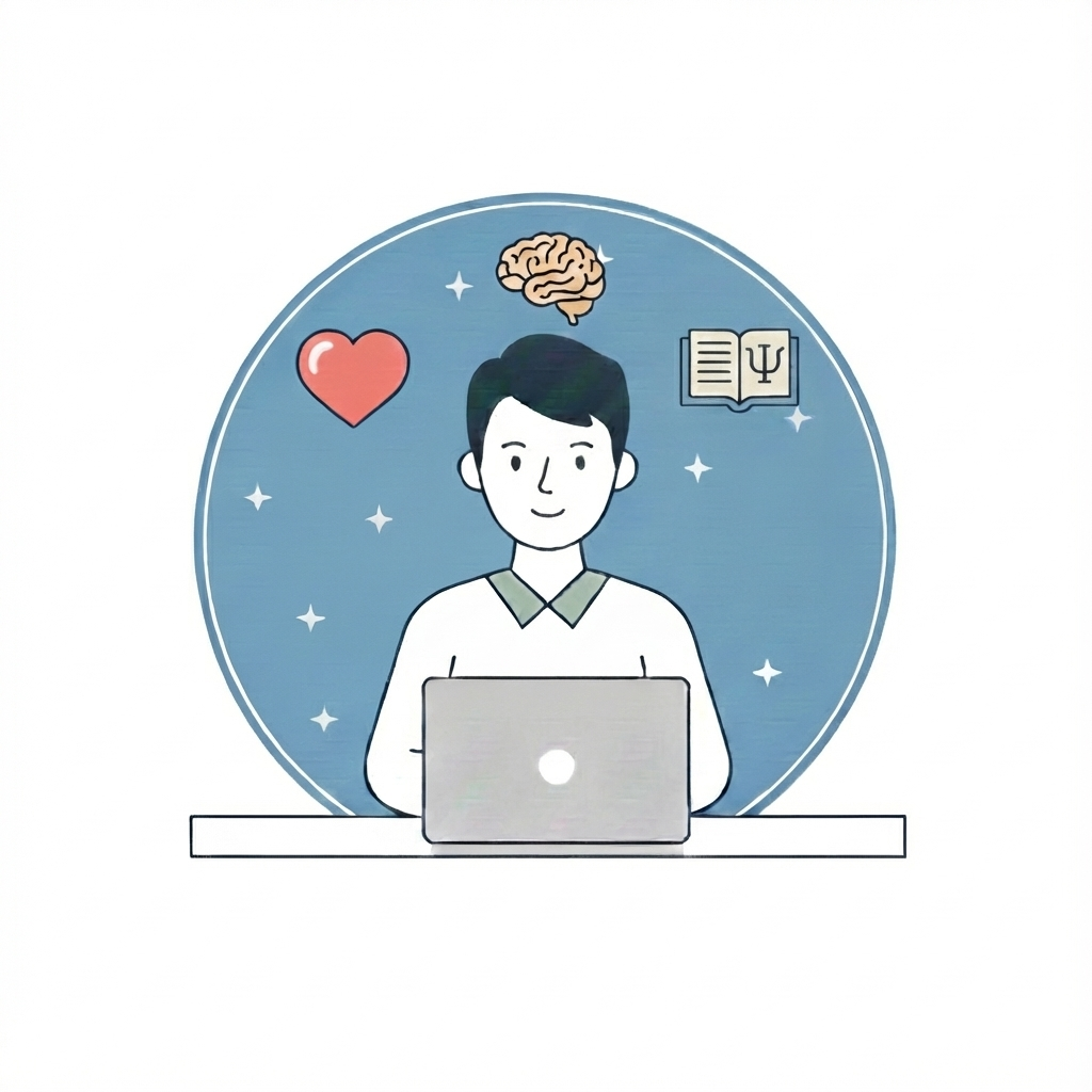 Ilustración de psicología online con símbolos de salud mental