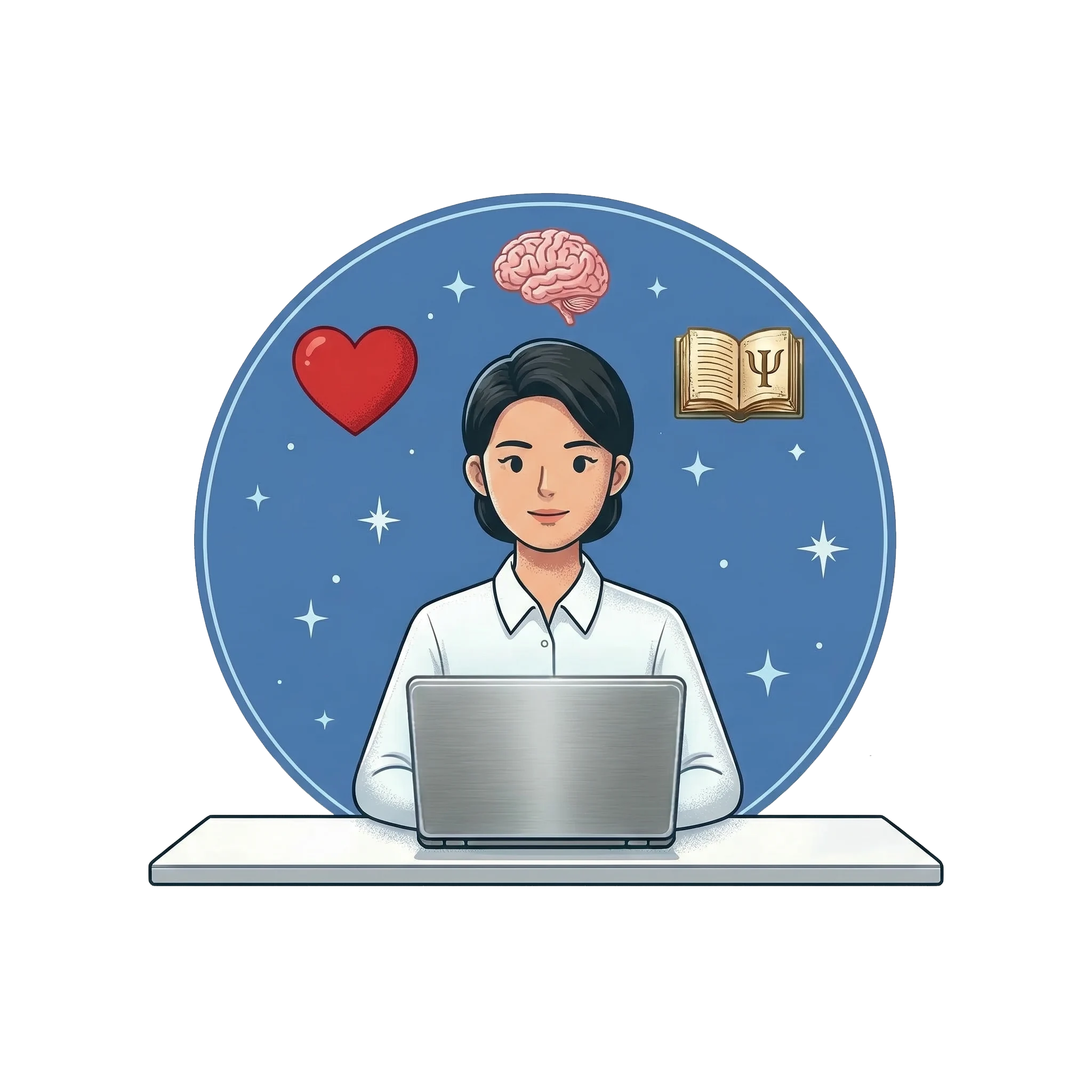 Ilustración de psicología online con símbolos de salud mental